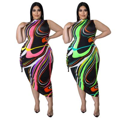 China New Arrival Print Multicolor Striped Long Dress Viable Summer Sleeveless Side Slit Cavity 5Xl Plus Size Women's Dresses for sale