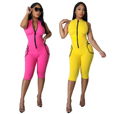 China Newest Design Solid Color Mid-Waist V-Neck Zippers Women's Overalls Playsuit Sleeveless Jumpsuit Casual Stealth Summer Viable Jumpsuit for sale