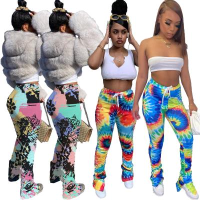 China Sustainable Newcomer Tie Dye Print Casual Long Pants Spring Summer Mid-Waist Rocket Lace-Up Ruffled Pants For Women for sale