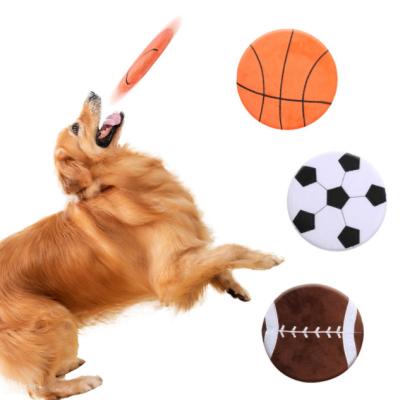 China Sustainable Popular Squeaky Style Football Shape Plush Flying Disc Dog Toy for sale