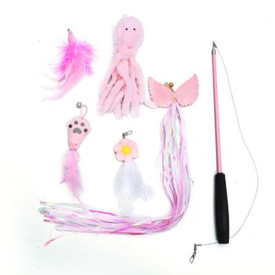 China New Viable Cat Toy Three Telescopic Retractable Pink Cat Feather Puzzle Set With 5 Replacements for sale