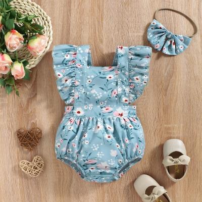 China Sleeveless Toddler Girl Clothes Flowers Printing Back Rompers Cross Headband Infant Baby Clothing Set for sale