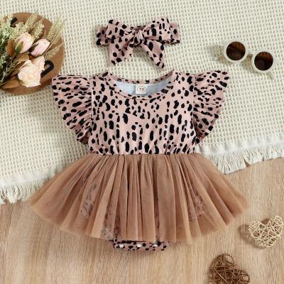 China Infant Girl Kids Girl Sleeveless Romper Baby Leopard Patchwork Dress Infant Short Headband Sleeveless Jumpsuit for sale