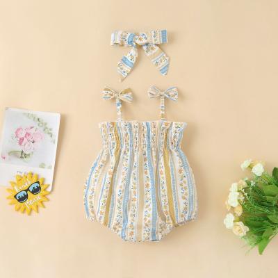 China Infant Casual Jumpsuit Babies Summer Overalls Sleeveless Suspender and Floral Print Headband Clothes for sale