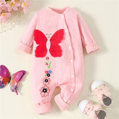 China New Long Sleeve Spring Infant Baby Clothes Long Sleeves Cute Pink Romper Butterfly Embroidery Toddler Overalls for sale