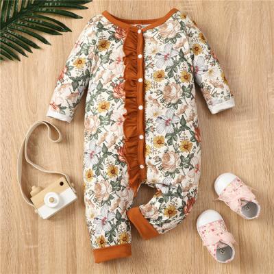 China New Design Long Sleeve Baby Outfits Cotton Girl's Overalls Baby Ruffles Flower Romper for sale