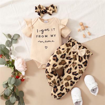 China New casual hot sale baby clothes cotton shorts sleeve romper + leopard pants infant outfits + 3pcs headband babies for sale