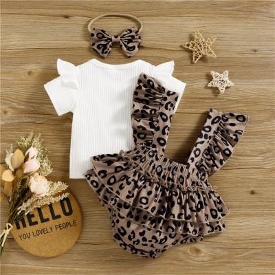 China Casual Babies Clothing Knitted Solid Color T-shirt + Leopard Strap Shorts +hairband 3pcs Babies Dress Set for sale