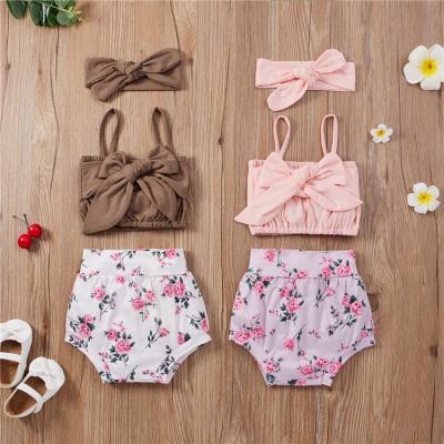 China Wholesale Kids Sleeveless Baby Dress Cotton Bow Sling Tops Toddler Girl Summer Clothing Sets Shorts 3pcs for sale