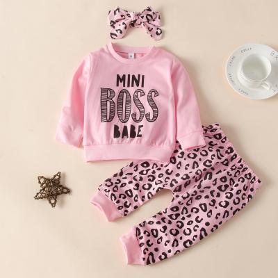 China Spring 2pcs Girls Outfits Casual Long Sleeve Cotton Mini Boss Print Tops +Leopard Print Pants Toddler Babies Clothes Set for sale