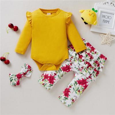 China Spring cute casual romper+ baby clothes yellow floral little girl clothing set for sale