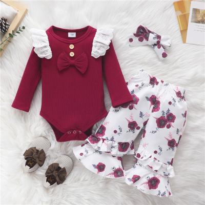 China Casual infant babies clothing set sleeve bowknot romper +ruffle ruffle pants +hairband 3pcs toddler girls clothes outfit for sale