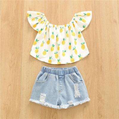 China Wholesale Short Sleeve Girls Summer Clothes New Ruffle Pineapple Top And Denim Shorts Girls Outfits for sale