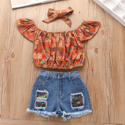 China Short sleeve summer kids girls clothes off tops + shoulder ruffle denim shorts +hairband girls outfits kids clothing set for sale