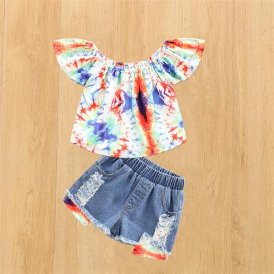 China Girls summer short sleeve team top+ short sleeve printed ripped denim shorts boutique kid girl dress set for sale