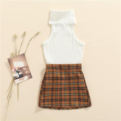 China Girls Casual Outfits Fashion Scarf Tops + Plaid Skirt 2pcs White Sleeveless Boutique Kid Girls Dress Set for sale