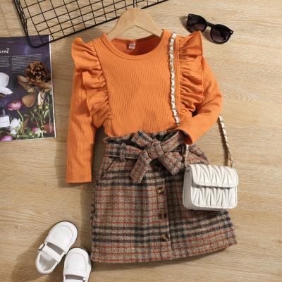 China Spring Autumn Girls Casual Outfits Long Sleeve Orange Top + Plaid Skirt 2pcs Fashion Girl Dress Set for sale