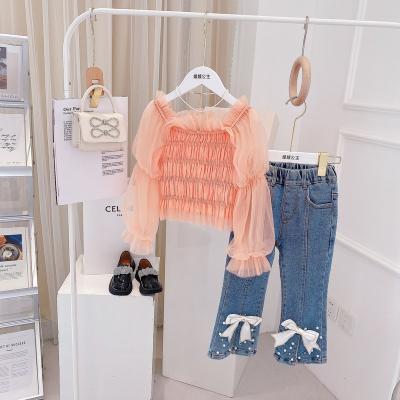 China Casual Kids Fall Clothing Set New Design Girls Gauze Tops+Denim Pants Boutique Girls Dress Sets for sale