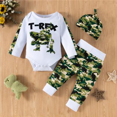 China Spring Letters Dinosaurs Boys Casual Cotton Infant Romper +hat 3pcs White Pants +hat 3pcs Toddler Boys Clothing Set for sale