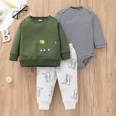 China Stripe Casual Boys Cotton Outfits Boys Summer Clothing Sets Romper+trousers+sweatershirt 3PCs for sale