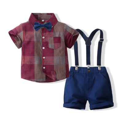 China Summer fashion boy clothing short sleeve casual plaid shirt + tie shorts gentleman kids boys clothes set for sale