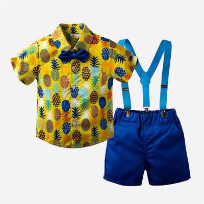 China Summer Gentleman Boys Casual Outfits Pineapple Printing Short Sleeve Shirt + Ties Shorts Boutique Kid Boy Clothing Set for sale