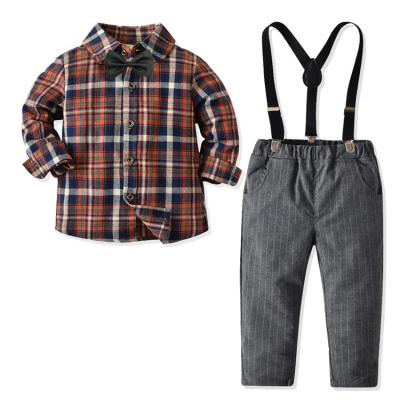 China New Kid Boys Boutique Clothing Set Boy Formal Long Sleeve Plaid Shirt Pants 2pcs Long Party Clothes Set +Suspender for sale