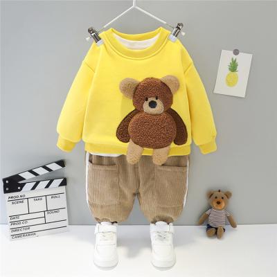 China Winter Baby Boys Casual Clothes Cotton Thicken Bear Design Top +Corduroy Wool Pants 2pcs Toddler Boys Girls Clothing Set for sale