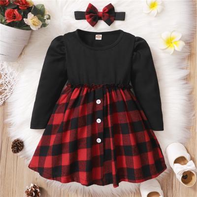 China Breathable Spring Babies Clothes Long Sleeve Black Stitching Lattice Baby Girls Dress for sale