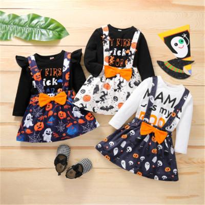 China Casual Newborn Cotton Long Sleeve T-shirt+ Bowknot Strap Skirts Outfits 2pcs Set Babies Halloween Clothes for sale