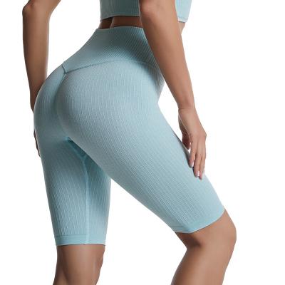 China Breathable In High Waist Yoga Gym Women Stock Seamless Ribbed Gaiters Shorts High Waisted Gym Biker Shorts for sale