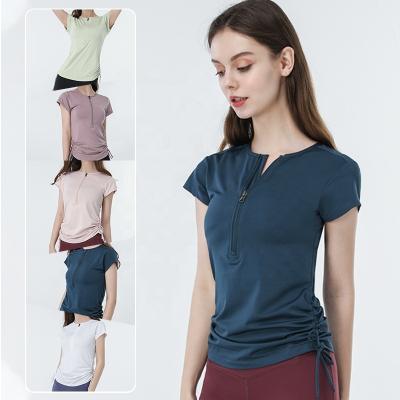 China New Arrival Breathable Gym Activewear Half Zipper Shorts Sleeve Adjustable Drawstring Women's T-Shirts for sale