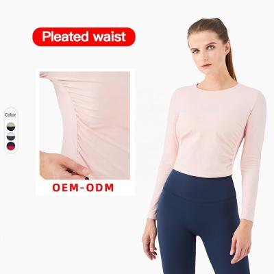 China Drop Shipping Breathable Women Yoga Tops Soft Recyclable Fabric Sexy Pleated Sleeve Crop Top for sale