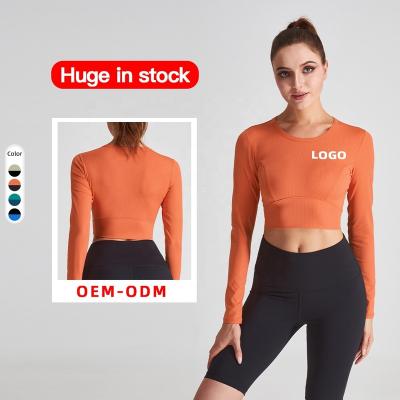 China Drop Shipping Breathable Women Yoga Tops T-Shirt Embossed Stripe Long Sleeve Crop Tops for sale