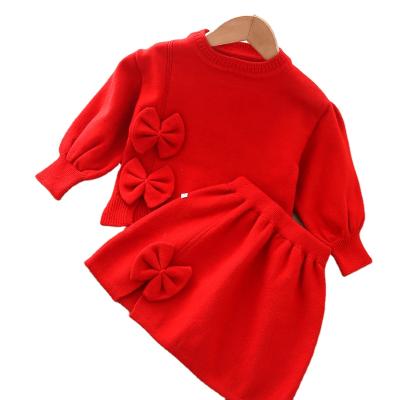 China Wholesale Washable Little Girls Red Knitted Two Piece Prom Dresses Costume Knitted Dress For Kids For 1 To 5 Years for sale