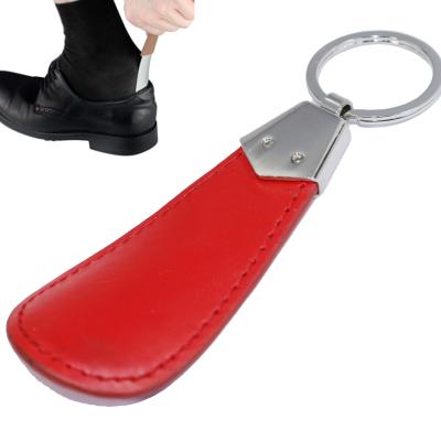 China Custom Hot Sale Mini Key Chain Metal Logo Red Color Leather Shoehorn Shoehorn Leather Keychain for sale