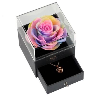 China Wedding celebration in stock flowers and jewelry gift box custom logo acrylic eternal rose flower drawer preserved flowers jewelry box fade bakerorie for sale