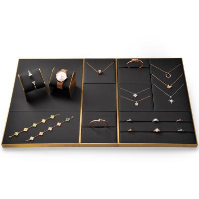 China Fashion Custom Jewelry Stand Black Leather Jewelry Display Holder Tray FANXI Ring Tray Necklace Earrings Ring PU Jewelry Display Rack Set for sale