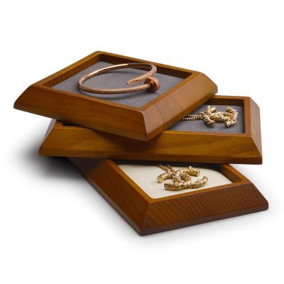 China FANXI Luxury Custom Wooden Jewelry Display Tray Soild Beige and Dark Gray Colors Wooden Bracelet Display with Microfiber Cloth for sale