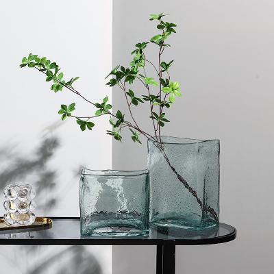 China Nordic minimalist creative rectangle small bubbles clear lake glass blue color room decor craft vase glass vase for sale