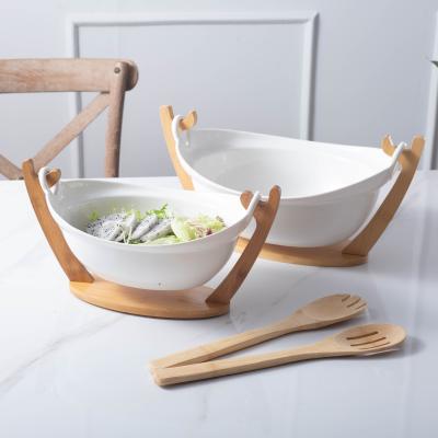 China Stocked Premium Salad Bowl For Cooking With Bamboo Handle Kitchen Prep Porcelain Mixing Bowls for sale