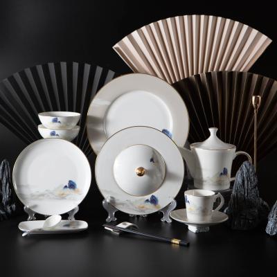 China Ceramic Gold Rim Dinnerware Viable Luxury Wedding Banquet Dish Charger Bone China Tableware Set for sale