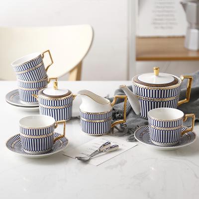 China Blue Striped Ceramic Coffee Tea Set Bone China Tea Set Customized Viable Wedding Gift LOGO for sale