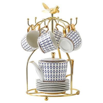 China Sustainable Luxurious Elegant Porcelain Teapot With Gold Handle Custom Bone China Coffee Tea Cup Set for sale