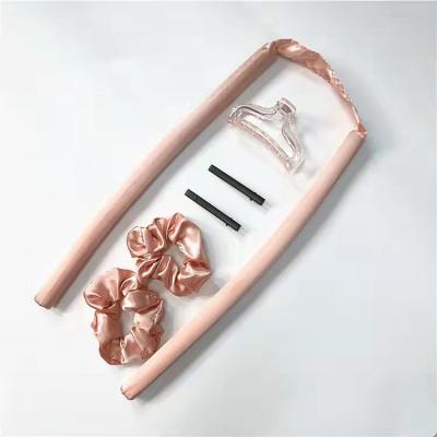 China Cheersee Fashion Pink Soft Satin Heatless Hair Curls Hook and Loop Hair Rollers Band with 2 Scrunchies for sale