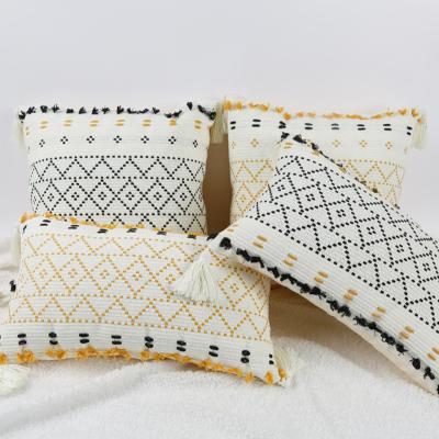 China Home Decorative Moroccan White Black White Tufted Boho Decorative Pillow Cheersee Cotton Macrame Geometric Cushion Covers Fringe for sale