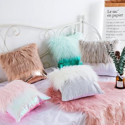 China New Design Pink White Square Yellow Decorative Faux Fur Fluffy Cheersee Sequin Custom Pillow For Sofa for sale