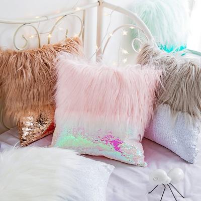 China Wholesale Custom Fluffy Colorful Sublimation Faux Fur Reversible Sequin Cheersee Pink Sequin Pillow Case For Home Decor for sale