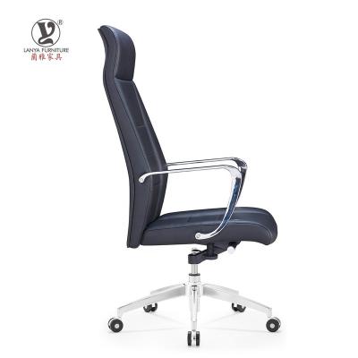 China Office Revolving Dark Blue Leather Matching Stitching Chair Upholster Table Chair Office Rolling Chair for sale