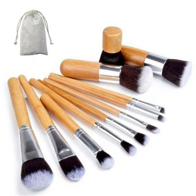 China 11pcs Bamboo Handle Makeup Brush Nylon Hair Kabuki Powder Eyebrush Set With Custom Logo Pocket To Accept for sale